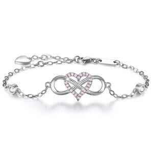 Retail $75 Heart & Infinity 925 Sterling Silver Adjustable Bracelet*PINK HEART